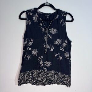 Lucky Brand Boho Floral Paisley Border Sleeveless Tassel Tie Blouse Top M